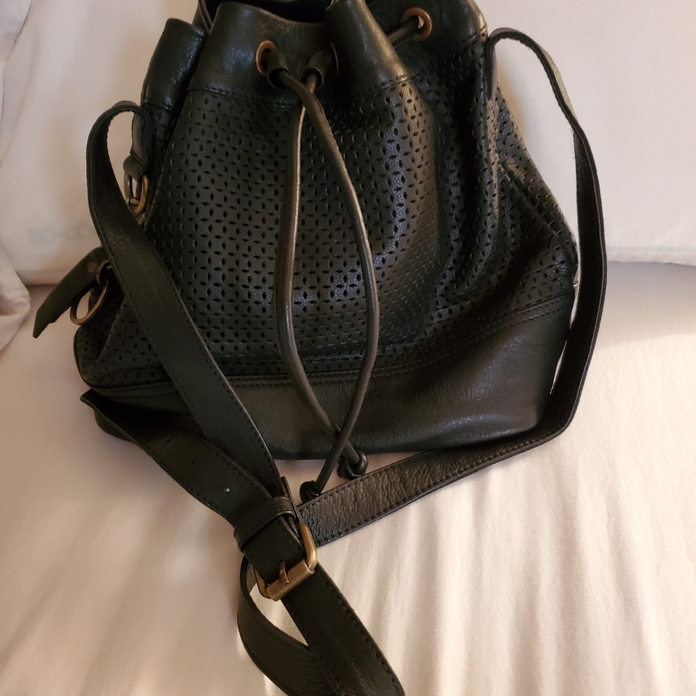 Beautiful black leather Frye purse with drawstring.